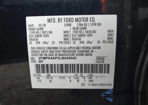 2020 Ford Edge St из США, поврежденный, VIN 2FMPK4AP5LBA60642